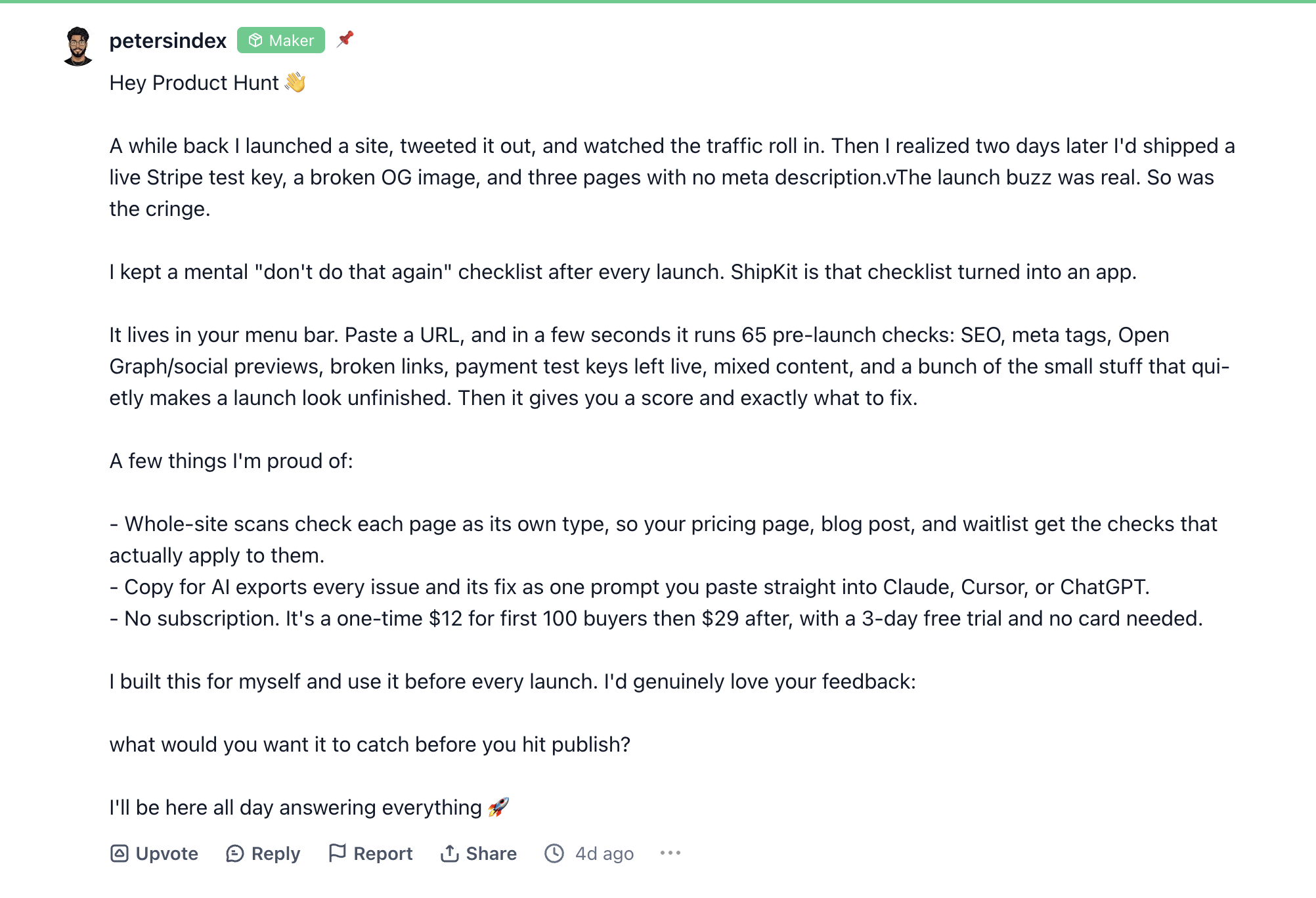Peter's ShipKit launch post on Product Hunt
